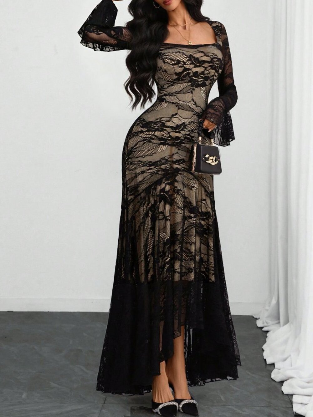 Black Elegant Women's Sexy Square Neck Lace Ruffle Sleeve Maxi Dress